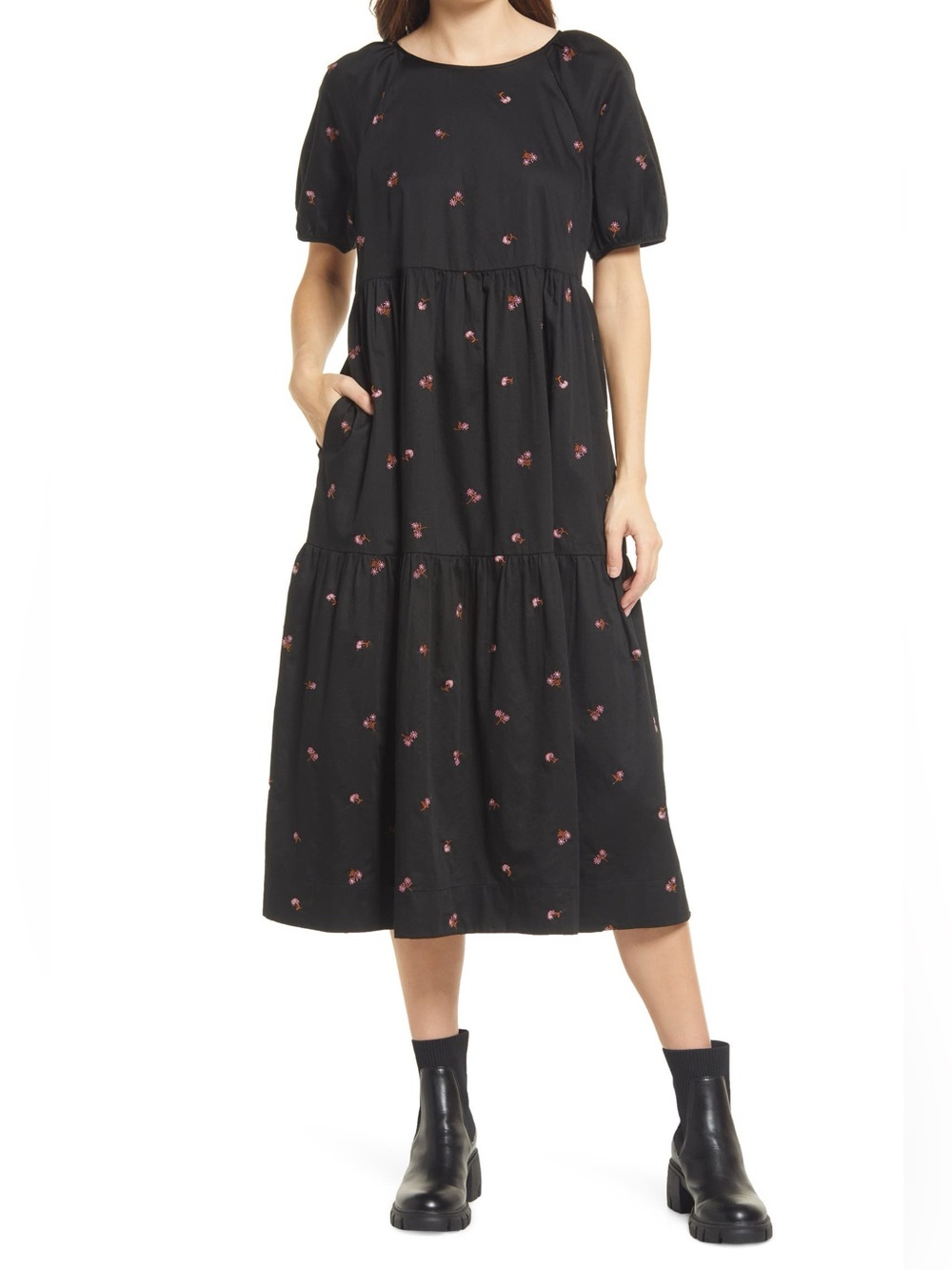 MADEWELL Short-Sleeve Cotton Tiered Midi Dress in Amie Floral